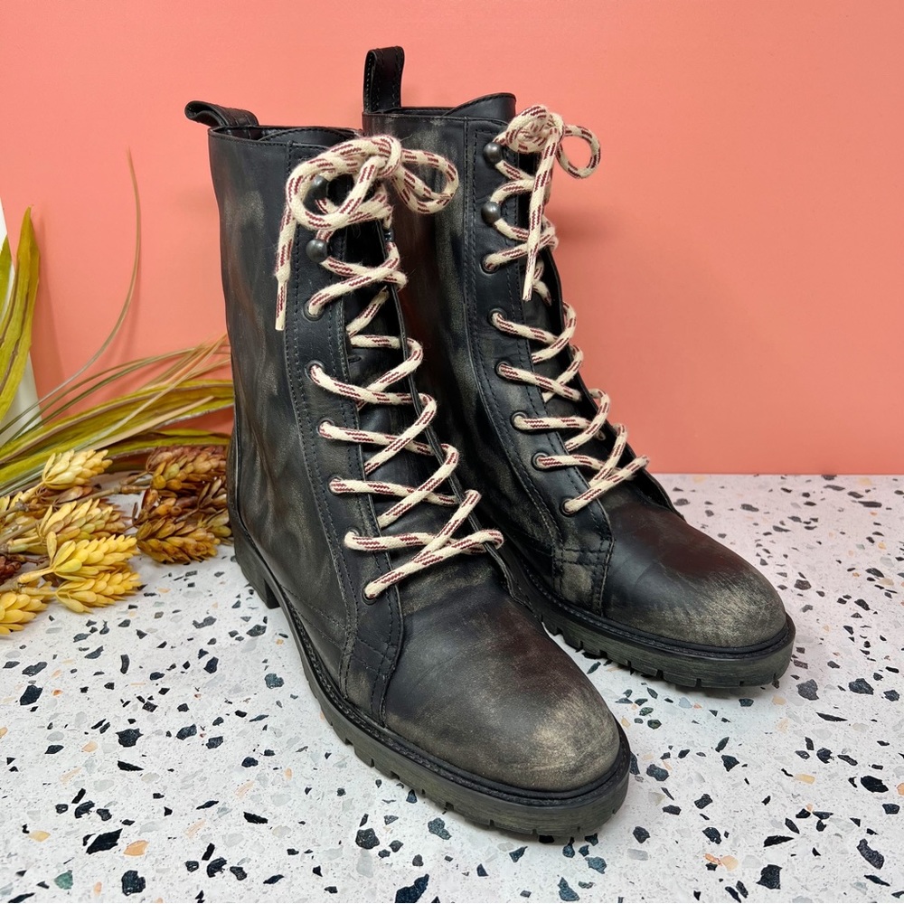 Zara RARE Black Burnished Distressed Chunky Lug Sole Combat Boots Sz 41
